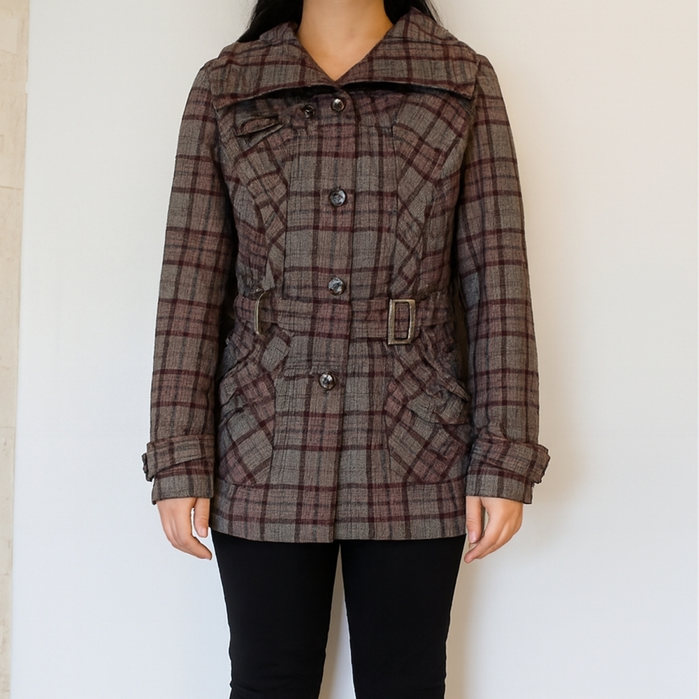 Click Coat Women's Large Plaid Wool Clueless Y2K Corpcore Belted Spring Fall